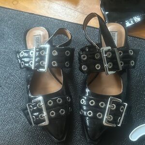 Steve Madden Black Mules with Silver Buckles